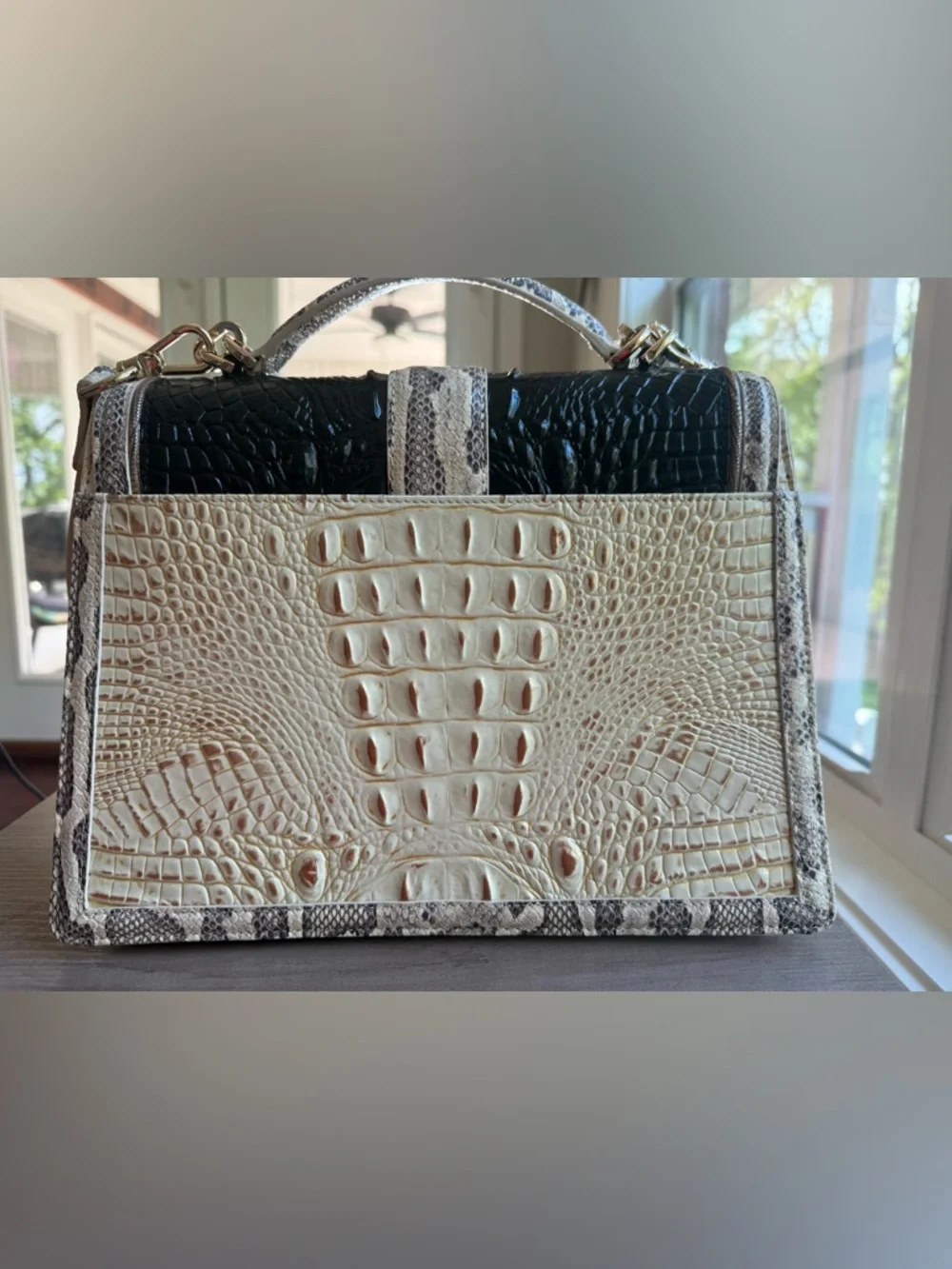 Brahmin Black and Cream Croc-Embossed Top Handle Satchel - Picture 2 of 4